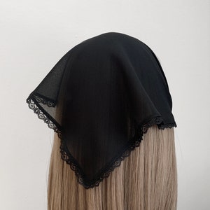 Black Chiffon Lace Trim Sheer Triangle Headband - Head Scarf, Wrap Elastic Headband, Kercheif, Hair Scarf, Hair Wrap,  Hair Accessories