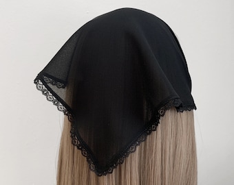 Black Chiffon Lace Trim Sheer Triangle Headband - Head Scarf, Wrap Elastic Headband, Kercheif, Hair Scarf, Hair Wrap,  Hair Accessories