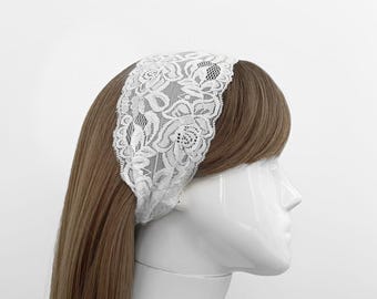White Floral Lace Headband – Stretchy Lacey Boho Bridal Women's Hair Accessory