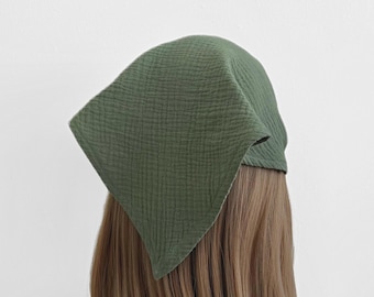 Army Green Cotton Gauze Triangle Headband - Minimalist, Casual, Boho, Hair Wrap