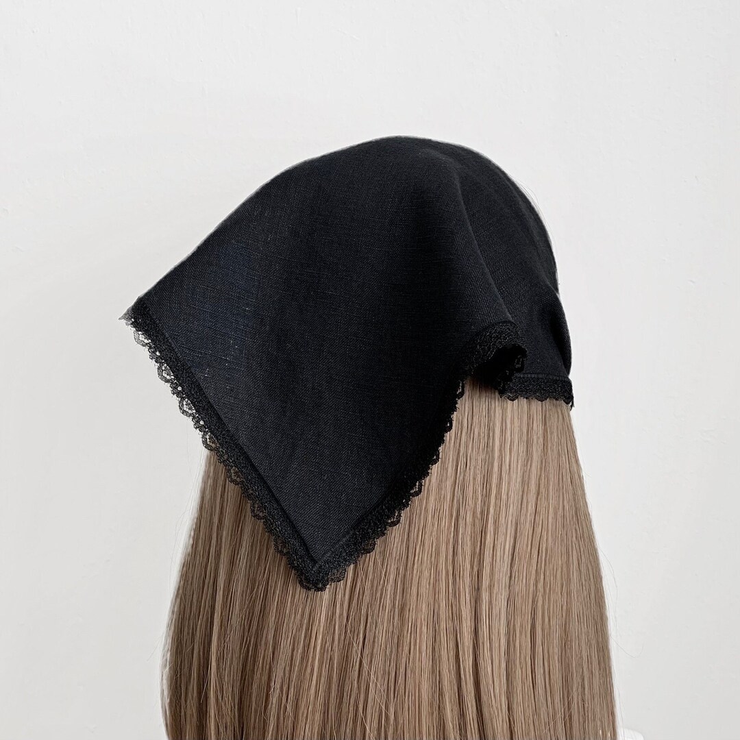 Black Linen With Lace Trim Triangle Head Scarf, Wrap Elastic