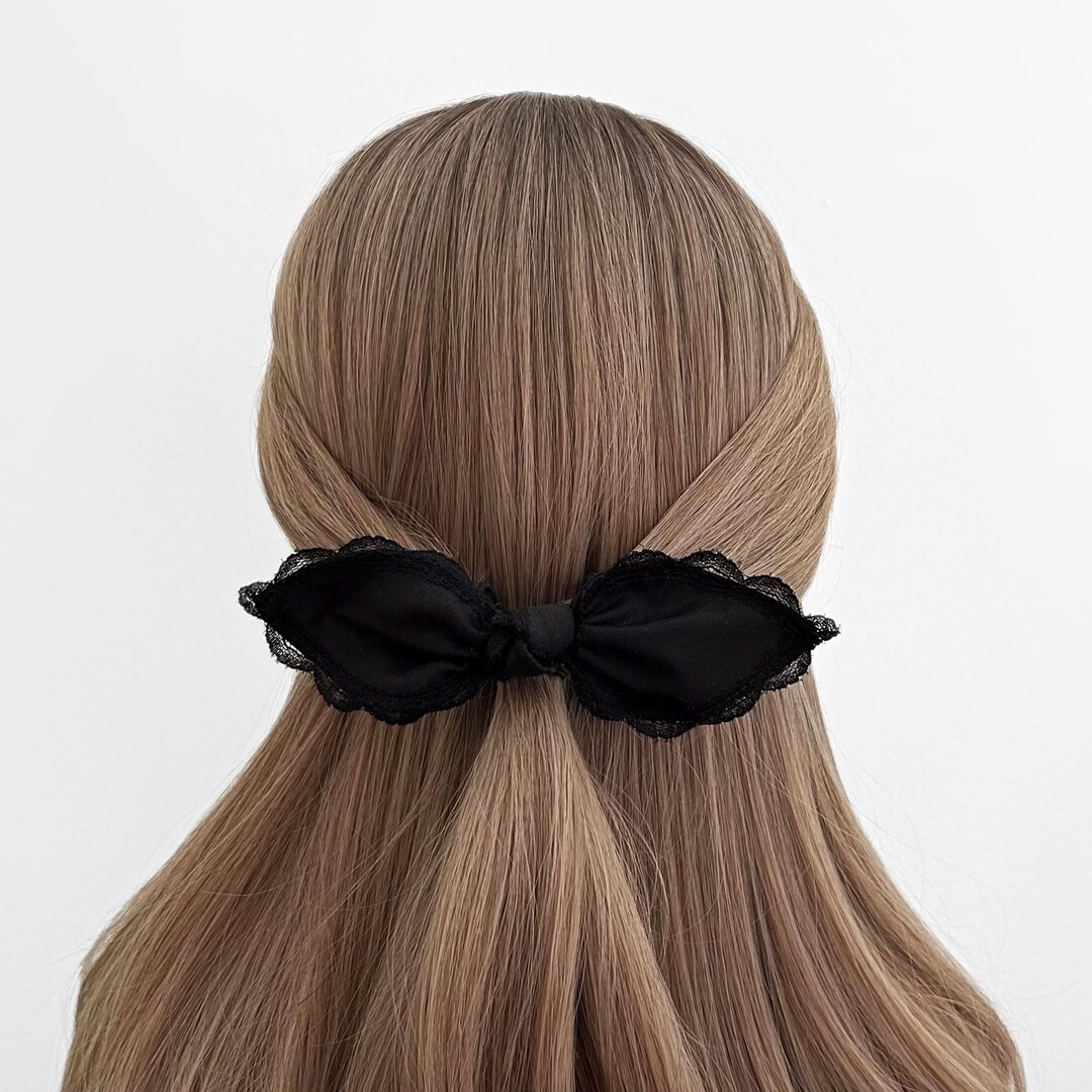 Black Linen Lace Bow Hair Tie - Handmade, Cottagecore, Lacey, Scrunchie ...