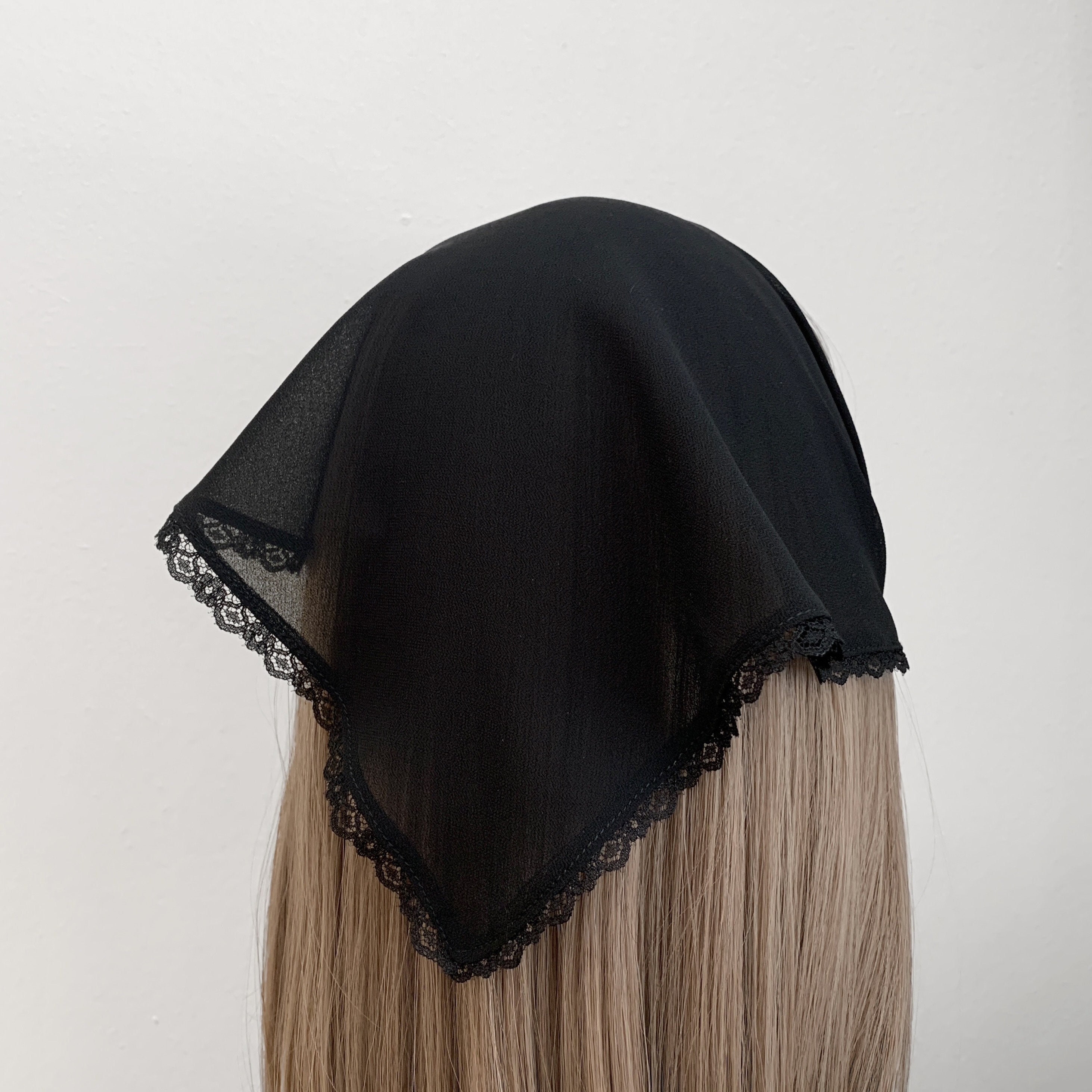 Black Chiffon Lace Trim Sheer Triangle Headband - Head Scarf, Wrap Elastic Headband, Kercheif, Hair Scarf, Hair Wrap,  Hair Accessories