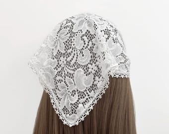 White Floral Lace Sheer Triangle Headband With Lace Trim - Head Scarf, Elastic Headband, Kercheif, Hair Scarf, Hair Wrap, Hair Accessories