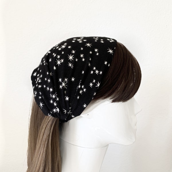 Stars Wide Headband - Hair Scarf, Bandanas, Wide Hairbands for Women and Men - Hippie Bandana, Hair Wrap, Elastic Headbands, Black and White