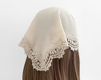 Cream Lace Trim Triangle Headband - Boho Accessory, Hair Scarf, Bohemian