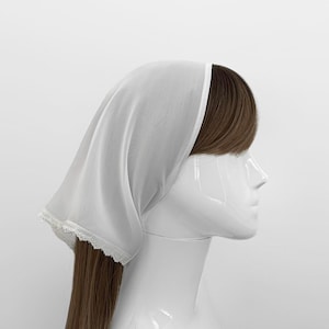 White Chiffon Hair Scarf With Lace Trim - Sheer Headscarf, Self Tie Triangle Kerchief, Bandana, Soft Lightweight Wrap For Women, Lacey, Boho
