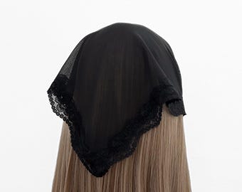 Black Mesh Floral Trim Lace Sheer Triangle Headband With Lace Trim - Head Scarf, Elastic Headband, Kercheif, Hair Scarf, Hair Accessories