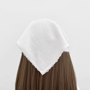 White Cotton Linen Blend Headband with Lace Trim – Triangle Hair Wrap, Head Scarf, or Kerchief for Women, Hair Accessory, Bandana,
