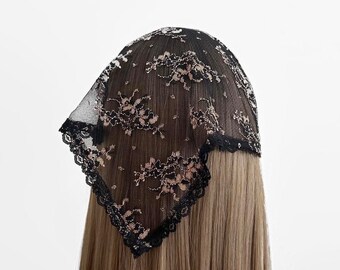 Lace Sheer Triangle Headband With Lace Trim - Black, Head Scarf, Wrap Elastic Headband, Kercheif, Hair Scarf, Hair Wrap, Hair Accessories