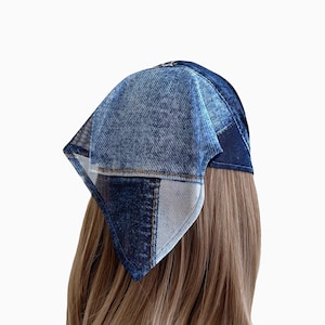 Denim Patchwork Mesh Triangle Headband  - Sheer, Stretchy, Blue, Head Scarf, Elastic Headband, Hair Accessories