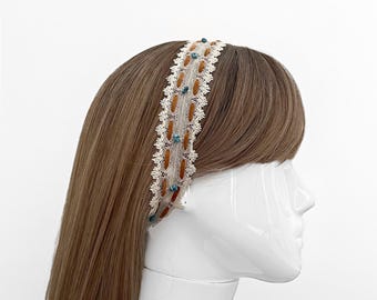 Boho Lace Headband - Suede Weave & Turquoise Beads - Women’s Hair Accessory