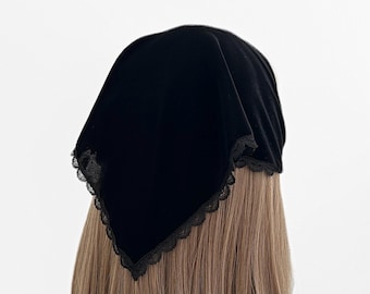 Black Velvet With Lace Trim Triangle Headband - Head Scarf, Wrap Elastic Headband, Kercheif, Hair Scarf, Hair Wrap, Hair Accessories