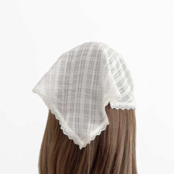 White Plaid And Lace Triangle Headband – Cottagecore Kerchief Hair Scarf Women's Hair Accessory