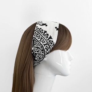 Damask Linen Narrow Headband - Black and White Hair Accessory