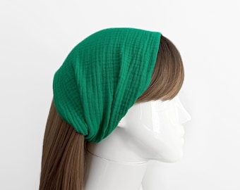 Green Cotton Gauze Wide Headband - Women’s Hair Accessory, Hair Scarf, Solid Color, Bandana