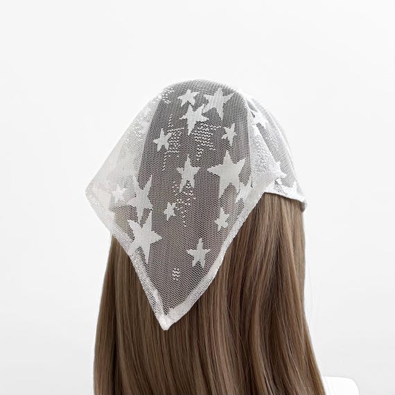 White Star Mesh Sheer Triangle Headband Head Scarf, Elastic