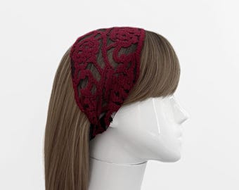 Burgundy Embroidered Mesh Lace Headband - Elegant Women's Hair Accessory