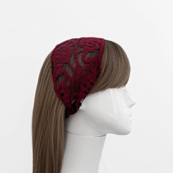 Burgundy Embroidered Lace Black Mesh Headband - Elegant Hair  display picture 3