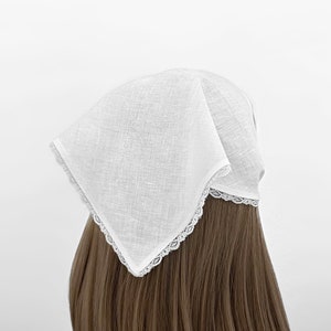 White Linen Lace Trim Triangle Headband - Head Scarf, Wrap Elastic Headband, Kercheif, Hair Scarf, Hair Wrap, Women&#39;s Hair Accessories
