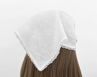 White Linen Lace Trim Triangle Headband - Head Scarf, Wrap Elastic Headband, Kercheif, Hair Scarf, Hair Wrap, Women's Hair Accessories