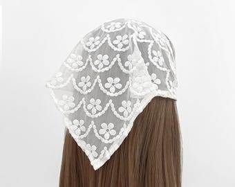 White Floral Embroidered Mesh Triangle Headband - Sheer Elastic Boho Hair Wrap Accessories