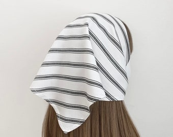 Linen Cotton Triangle Self Tie Head Scarf - Stripes, Neutral, Hair Accessory