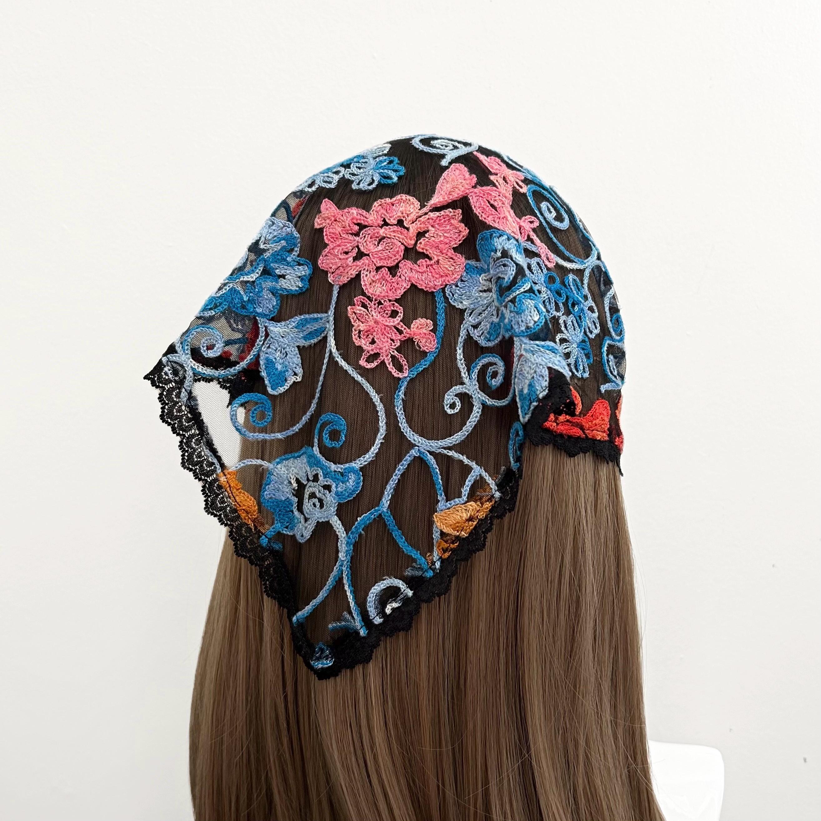 Embroidered Floral Lace Sheer Triangle Headband - Head Scarf, Elastic Headband, Kercheif, Hair Scarf, Hair Wrap, Hair Accessories