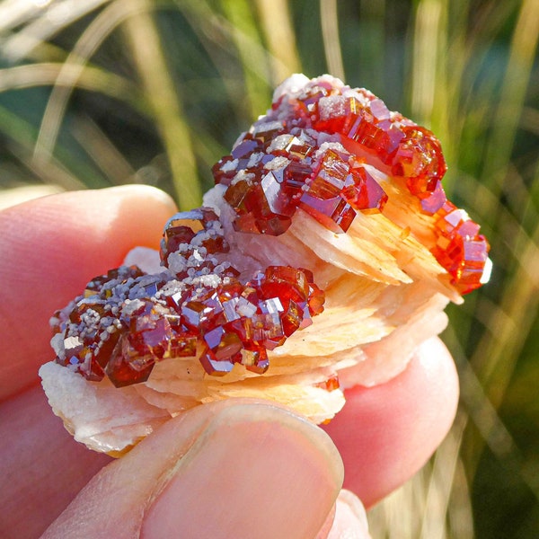 Vanadinite on Baryte Specimen from Mibladen Mining District, Morocco • High Grade Gemmy Red Crystals • Miniature Raw Cluster