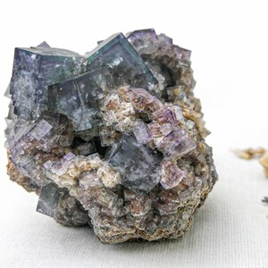 K&ouml;nnte beinhalten: Ein Cluster aus violetten und gr&uuml;nen Fluoritkristallen in einer rauen, braunen Matrix. Die Kristalle sind w&uuml;rfelf&ouml;rmig und haben einen glasartigen Glanz.