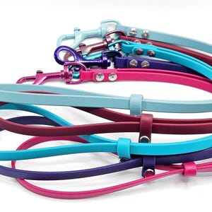 May include: A set of six colorful dog leashes with metal clips. The leashes are made of a soft, flexible material and come in a variety of colors, including blue, teal, purple, pink, and maroon.