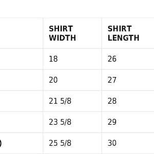 May include: Size guide for shirts, showing shirt width, shirt length, and chest to fit measurements in inches. Sizes include S, M, L, XL, and 2XL.