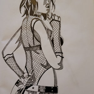 May include: Black and white line drawing of a woman with short hair wearing a fishnet top and a belt with studs. She is holding a knife in her right hand and has her left hand on her mouth.