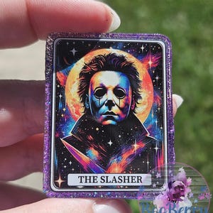 Michael Myers Halloween Tarot Karte Epoxy Badge Reel, Schlüsselanhänger, Handy Griff, Büroklammer Lesezeichen oder Magnet