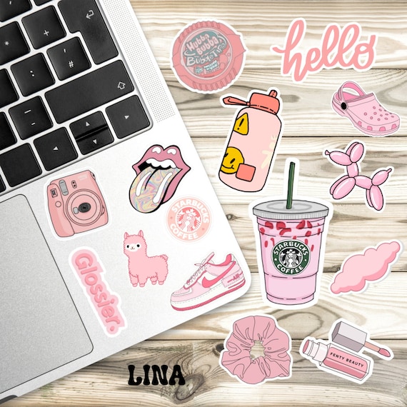 50pcs Preppy Pink Sticker Party Supplies Vinyl Waterproof Sticker Aesthetic Stickers Decor Pink Party Mobile Phone Stickers for Laptop Water Bottle