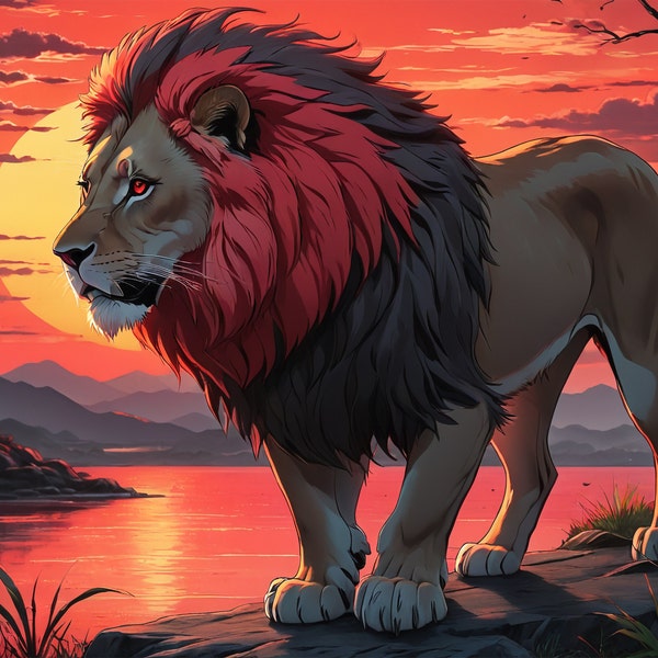 Lion African Sunset Art Oil Painting Savannah Printable Digital Fineart Decor Scenery Prints