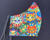 Bright, Cat Sugar Skulls, Colorful, Fitted, Cotton, Fabric mask