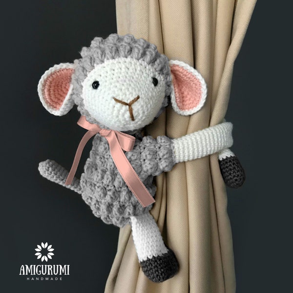 Set of 2 Crochet Lamb Amigurumi, curtain tie back, curtain accessory, crochet tie back, baby tieback, nursery curtain decoration