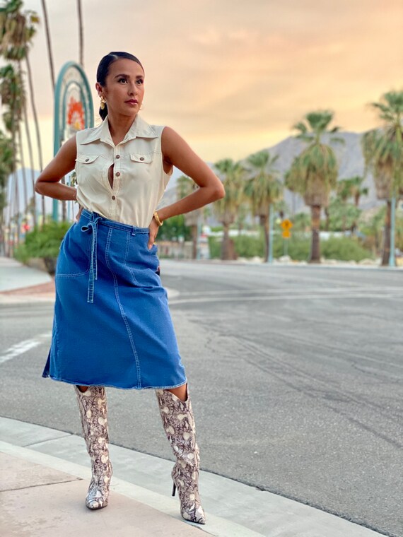 Vintage 1970's A- Line Denim Wrap Skirt Adjustabl