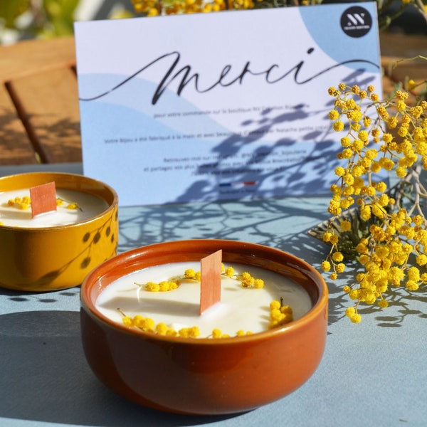 Bougie parfum Mimosa, Cire végétale de soja, Fleurs séchés et pot en céramique , 100% Fait main sur Côte d'Azur Méditerranée en France