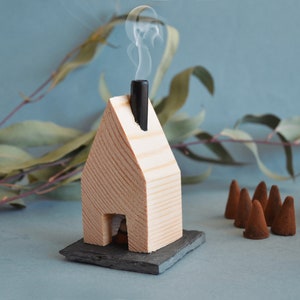 Handmade incense diffuser, small house with fireplace, wooden and slate incense burner