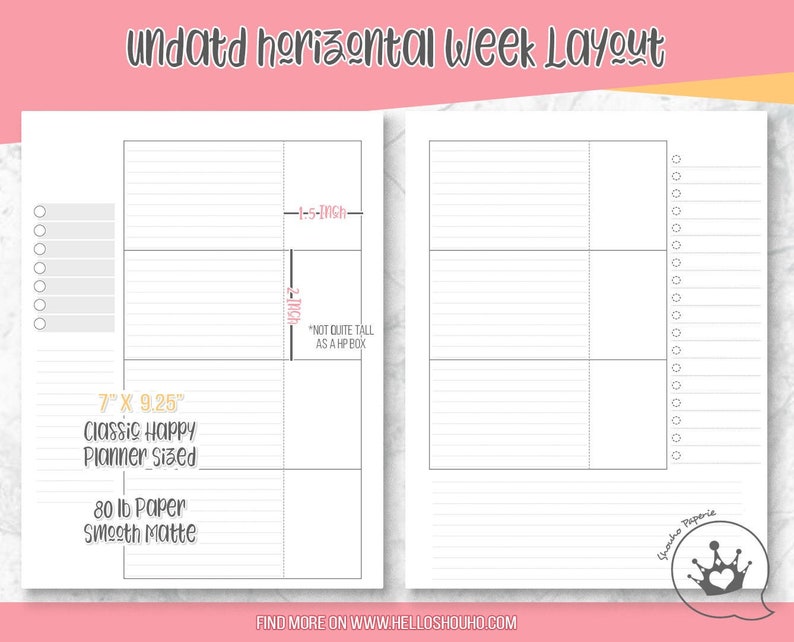 8 weeks Undated Horizontal Weekly layout Classic Size Paper image 0