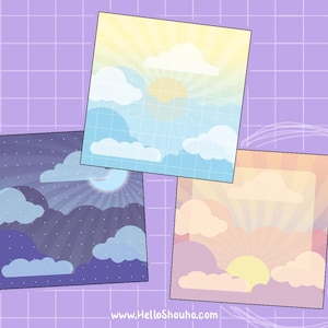 May include: Three square art prints featuring stylized illustrations of the sky at different times of day. One depicts a sunny day, another a sunset, and the third a night scene with a moon. The prints have a grid background and the website address www.HelloShouho.com.