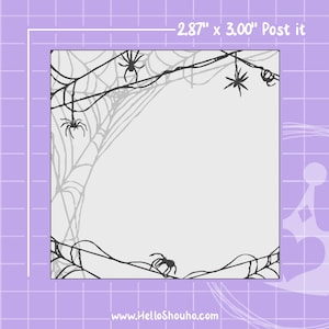 May include: A square Post-it note, 2.87" x 3.00", with a Halloween theme. The design features a spider web in gray and black, with several black spiders. The background is a light gray, and the overall aesthetic is spooky.