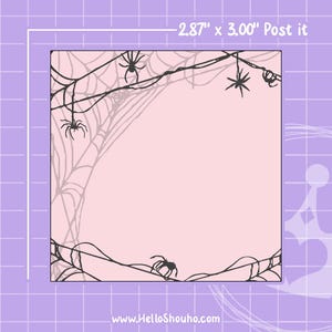 May include: A square Post-it note, 2.87" x 3.00", with a pink background. Black spiderwebs and spiders decorate the edges. The website address www.HelloShouho.com is at the bottom. The background is a purple grid.