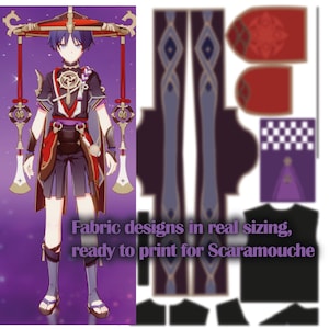 May include: Printable fabric designs for a character costume. The designs include a purple and blue patterned fabric, a red fabric with a gold design, a black and white chequered fabric, and a purple fabric with a star design. The text "Fabric designs in real sizing, ready to print for Scaramouche" is at the bottom of the image.