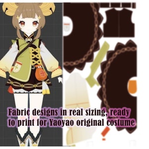 Op de afbeelding: Een printbaar patroon voor een Yaoyao-kostuum uit het spel Genshin Impact. Het patroon bevat onderdelen voor het bovenstuk, de rok en accessoires. Het patroon is afgedrukt op wit papier met zwarte lijnen.