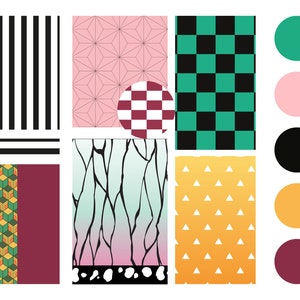 Puede incluir: Un collage digital de nueve patrones y colores diferentes. Los patrones incluyen rayas, cuadros, diseños geométricos y florales. Los colores incluyen negro, blanco, verde, rosa, amarillo y rojo.