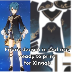 Puede incluir: Diseños de tela para un atuendo azul y negro con detalles dorados. Los diseños están listos para imprimir y son de tamaño real. El texto "Fabric designs in real size, ready to print for Xingqiu" está en la parte inferior de la imagen.