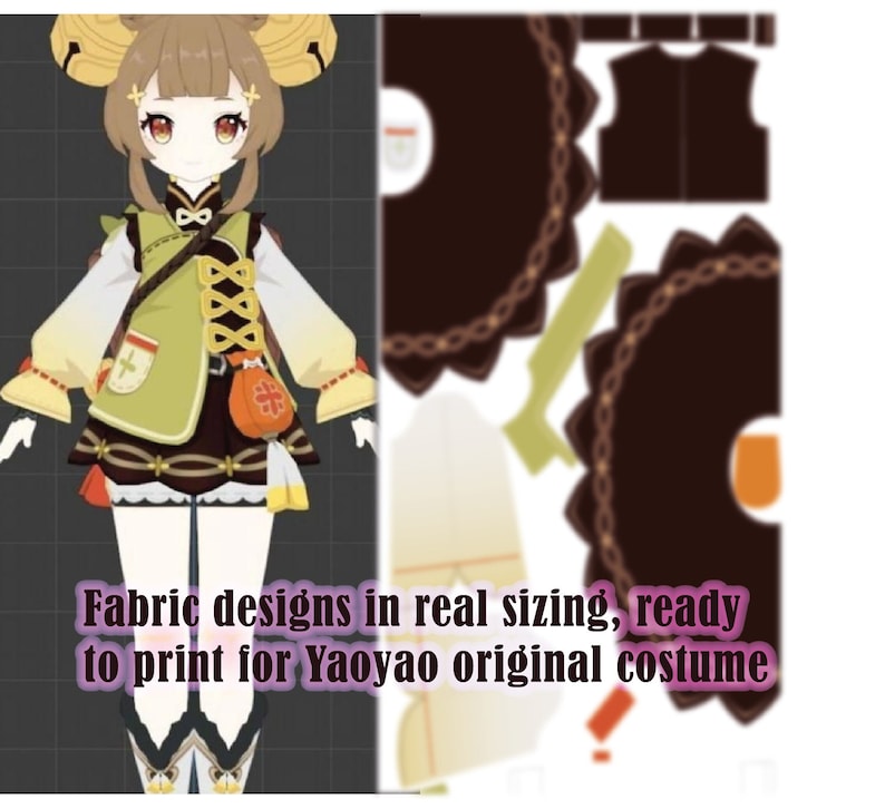 May include: A printable pattern for a Yaoyao costume from the game Genshin Impact. The pattern includes pieces for the top, skirt, and accessories. The pattern is printed on white paper with black lines.